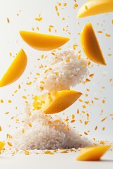 sweet coconut sticky rice flying with ripe mango slices, isolated on white background