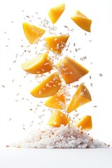 sweet coconut sticky rice flying with ripe mango slices, isolated on white background
