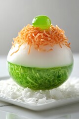 tako dessert floating with coconut topping and pandan jelly, isolated on white background