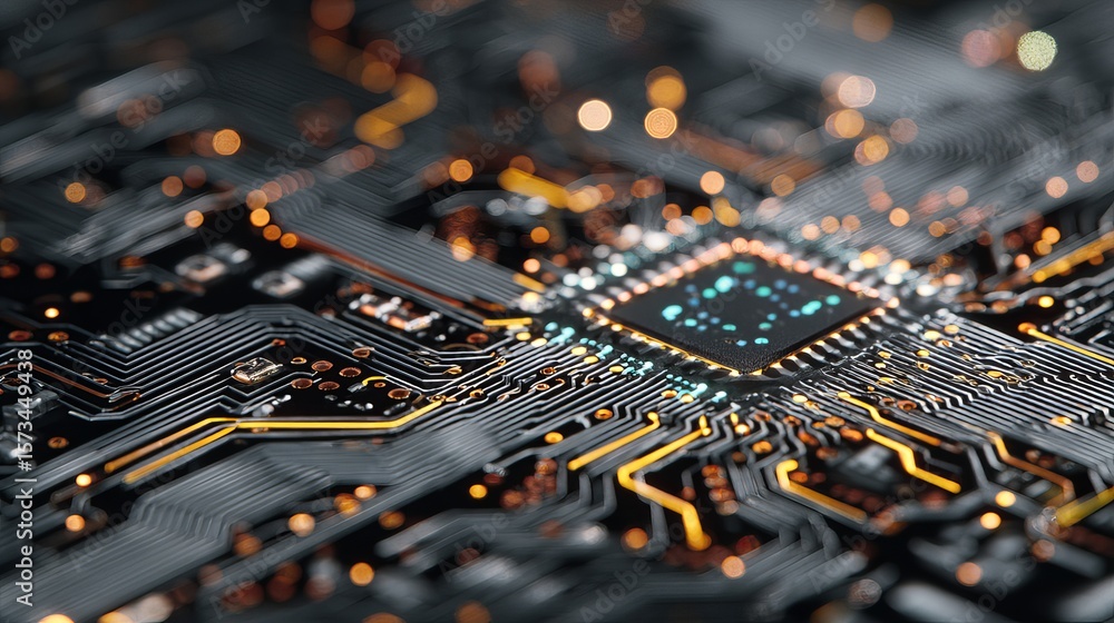 Poster intricate electronic circuit board showcasing chip with connection lines and glowing lights symboliz