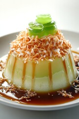 tako dessert floating with coconut topping and pandan jelly, isolated on white background