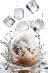 taro ball in coconut milk flying with ice cubes, isolated on white background