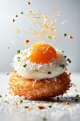 thai crispy pancake flying with coconut topping and golden egg threads, isolated on white background
