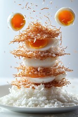 thai crispy pancake flying with coconut topping and golden egg threads, isolated on white background