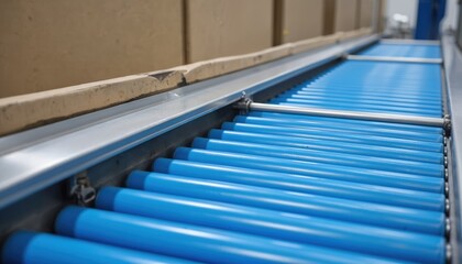 Fototapeta premium Blue conveyor belt system with metal rollers, featuring a curved design. Essential machinery for industrial and logistics operations, ensuring efficient material handling and workflow.