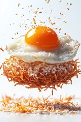 thai crispy pancake flying with coconut topping and golden egg threads, isolated on white background
