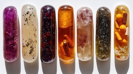 Various translucent gel capsules and solid vitamins are suspended midair, frozen in motion, creating surreal and futuristic visual scene features soft shadows against white background