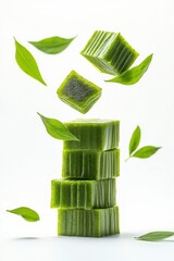 thai steamed layer cake flying with pandan scent, isolated on white background
