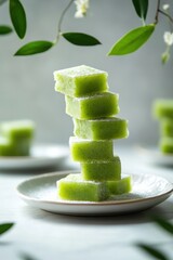 thai steamed layer cake flying with pandan scent, isolated on white background