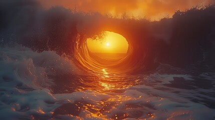 Barrel wave framing glowing sunrise on water surface, foamy edges