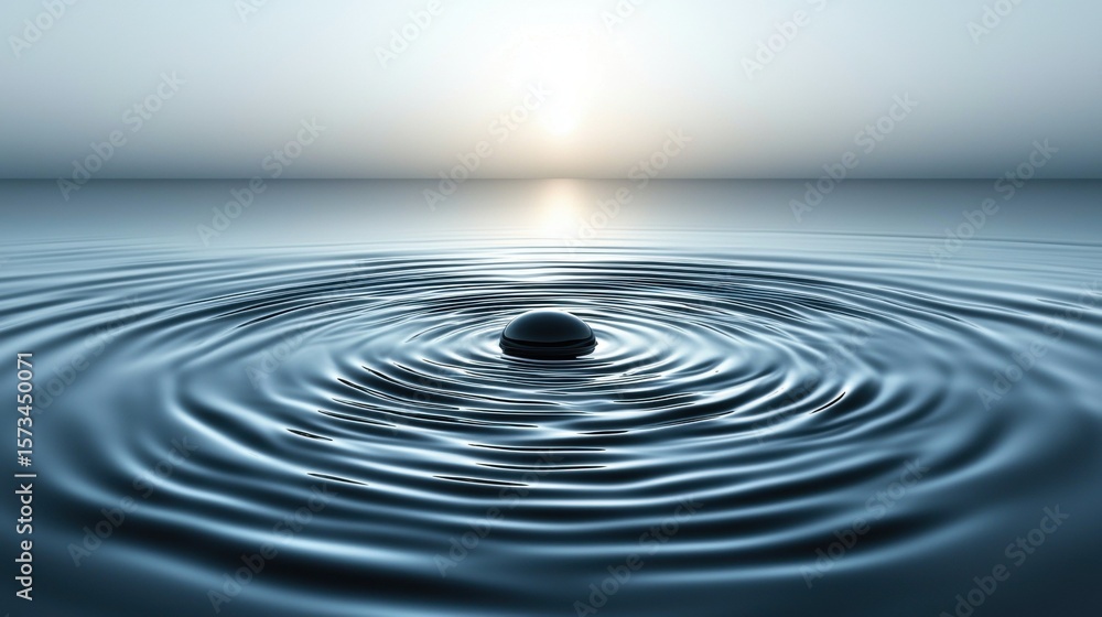 Aufkleber concentric ripples expand outward from pebble dropped in calm pond twilight, demonstrating physics c
