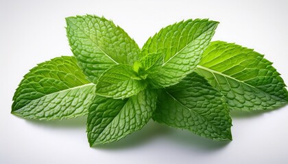 photorealistic swirling mint leaves isolated on white with sharp detail