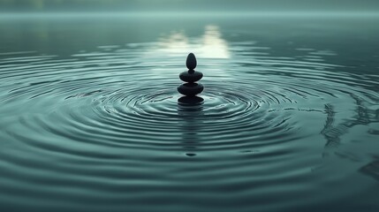 Concentric ripples elegantly spread from single pebble dropped into calm pond, showcasing wave interference and energy transfer in tranquil environment