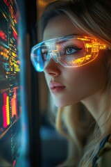 Woman with transparent AI touchscreen monitor in dark room