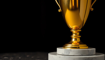 A golden trophy gleaming on a marble stand under warm spotlight, set against a dark elegant background.