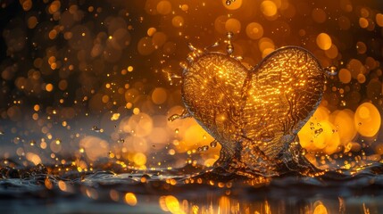 Golden heart shape splashes in dark water; bokeh lights background creates sparkling effect
