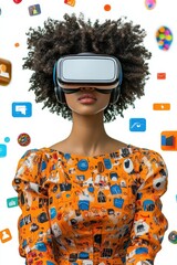 Woman with VR headset and floating business icons