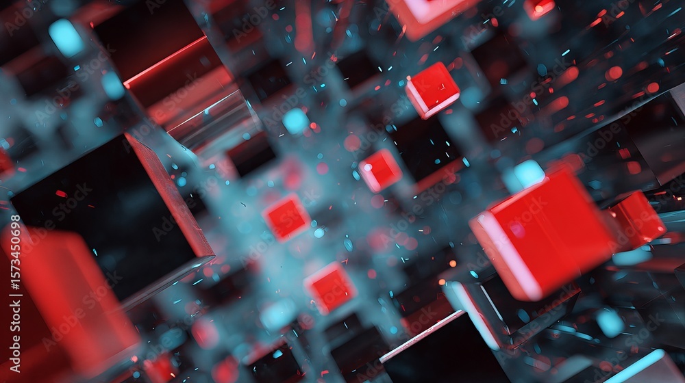 Poster abstract red and black cubes floating in a dreamlike space with beautiful turquoise orbs around them