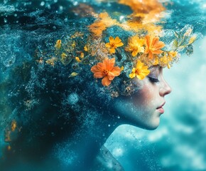 Surreal underwater portrait of a serene woman with closed eyes and bright orange flowers in her flowing hair, blending with bubbles and waves in a dreamy, ethereal, aquatic fantasy scene.