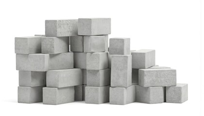 Pile of gray concrete blocks isolated on white background. Heavy, solid building materials ideal for construction projects, masonry, architecture, engineering foundations. Uniform rectangular shapes