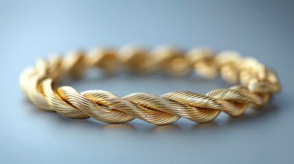 Twisted, golden bracelet. Ribbed texture, circular form, on a neutral, slightly reflective surface