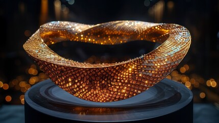 Intricate, textured golden ring/torus sculpture on a dark pedestal. Sparkly and shimmering with tessellated pattern