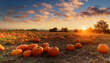 field of orange pumpkins during sunset