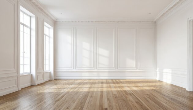 Spacious empty room interior featuring polished wooden floor, clean white wall paneling with classic molding details. Large windows allow bright natural sunlight to stream into airy, uncluttered