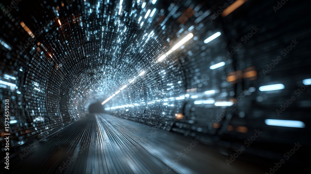 Poster illuminated tunnel stretching into the distance, lined with glowing lights and abstract geometric pa