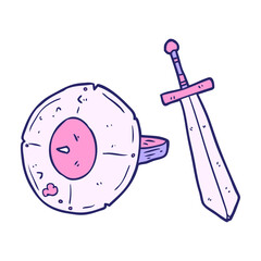 cartoon old gladiator shield and sword in bright neon color