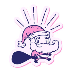 sticker of a tattoo style santa claus christmas character with sack in bright neon color