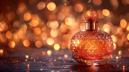 Ornate glass bottle with faceted texture, gold trim, glowing orange liquid, bokeh background
