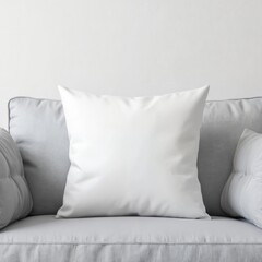 White throw pillow mockup centered on a light gray sofa. This clean, modern design offers ample copy space. Features soft textile, comfortable cushion, home interior detail for living room decoration.