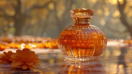 Round, faceted perfume bottle, orange liquid, on tile surface with matching flowers, autumn bokeh background