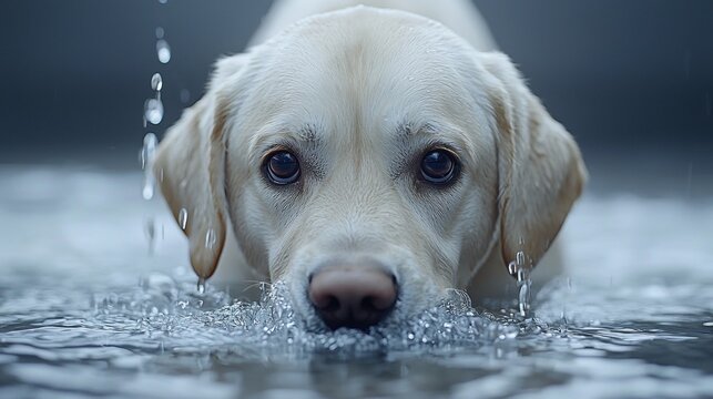 Labrador Retriever is drinking from innovative water dispenser designed for pets, featuring LED indicator lights show water levels and filtration status