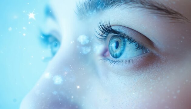Ethereal close-up of bright blue eye reflecting starry sky, cosmic nebula. Soft bokeh lights, sparkling particles create futuristic, mystical atmosphere. Double exposure effect merges human gaze with