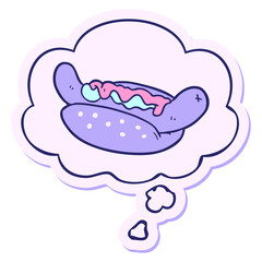 cartoon hot dog with thought bubble as a printed sticker in bright neon color