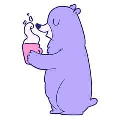 cartoon bear with hot drink in bright neon color