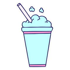 hand drawn quirky cartoon iced drink in bright neon color