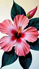 Detailed pink hibiscus bloom with leaves and a bud showcasing the floral beauty of tropical flora.