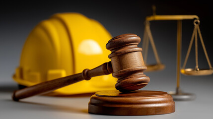 Judge's hammer and helmet Law and Justice about labor law concept Construction law.