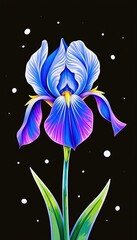 Vibrant iris flower blooms in blue and purple hues against a dark backdrop, artfully designed with digital painting