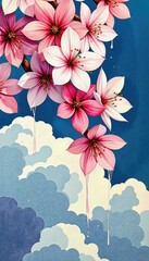 Delicate pink cherry blossoms bloom against a serene blue sky with softly rendered clouds in a painterly style.