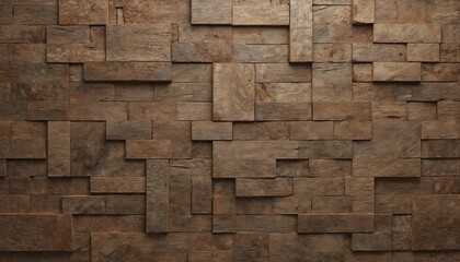 Geometric wood plank paneling creates rustic brown texture with cube-like patterns. 3d wall design features varied wood grains and tactile surface, adding depth and natural warmth to interior spaces.
