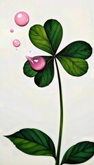 Lucky clover with pink liquid droplets creates a natural and elegant illustration with a gentle color palette.