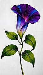 A stunning morning glory blossom showcases vibrant shades of purple, blue, and pink with lush green leaves and stem against white.