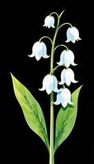 Charming watercolor depicts delicate lily of the valley flowers with green leaves on a black background.