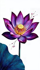 Elegant purple lotus flower with a teal leaf, a tranquil botanical watercolor design on a white background.