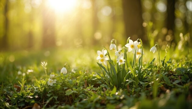 Spring Equinox rebirth and freshness represented by white daffodils and snowdrops in sunlit forest meadow. Natural growth and renewal theme. Soft bokeh background with warm sunlight.