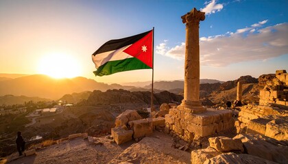 Flag waving over ancient ruins at sunset